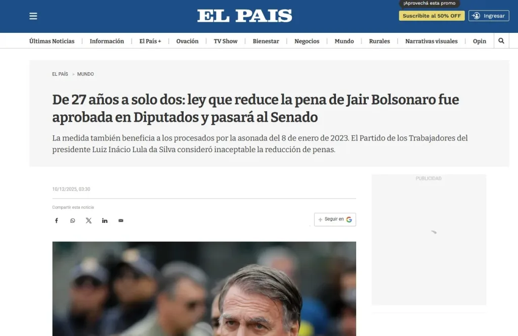 Paraguassu FM 87.9 — Câmara dos Deputados aprova projeto que reduz penas de condenados por atos golpistas A aprovação do “PL da Dosimetria” pela Câmara dos Deputados, que pode reduzir as penas do ex-presidente Jair Bolsonaro e outros condenados por atos golpistas, repercutiu na imprensa internacional nesta quarta-feira (10). Condenado pelo STF por golpe de Estado, Bolsonaro está preso [&hellip;]